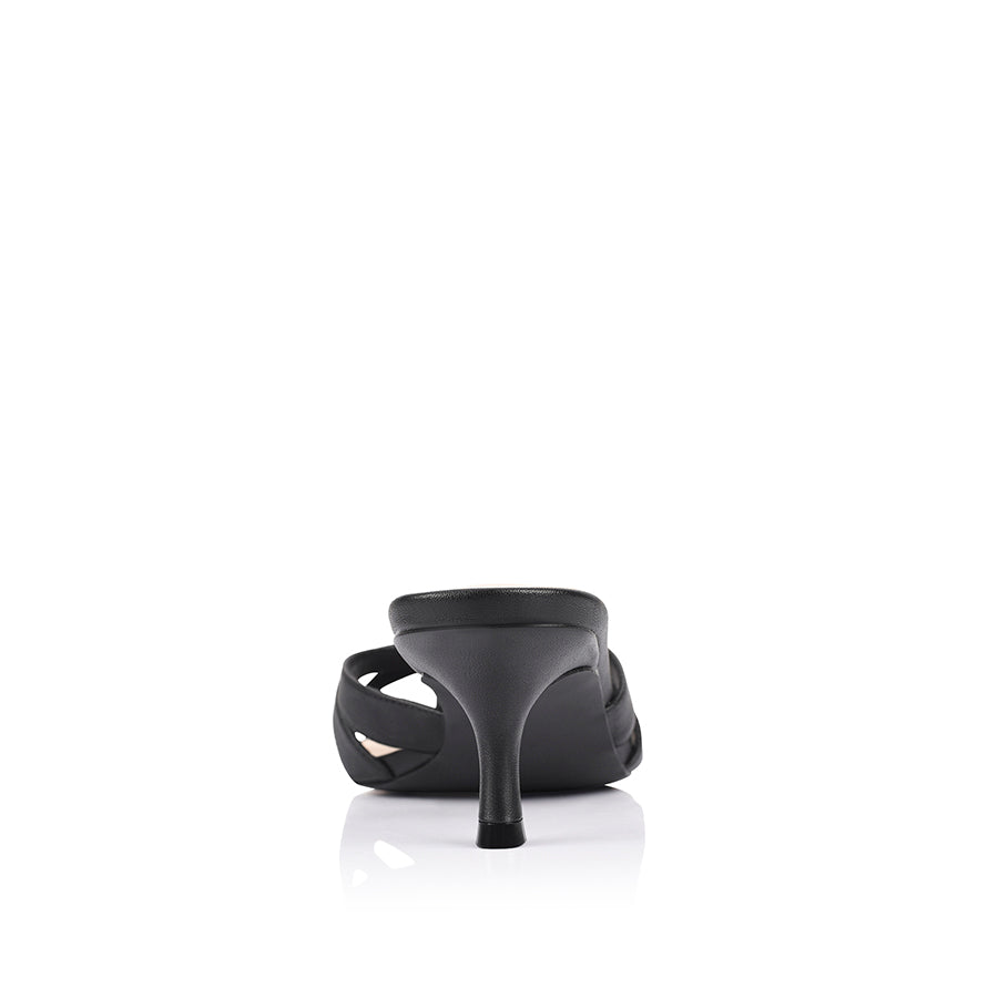 Black sandal mule with criss cross vamp on a kitten heel with a rounded toe shape
