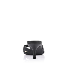 Black sandal mule with criss cross vamp on a kitten heel with a rounded toe shape
