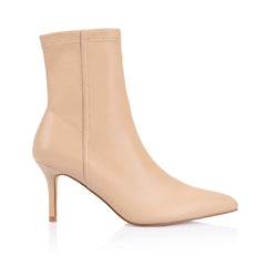 Womens beige ankle sock boot with stiletto heel and pointed toe