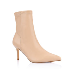 Womens beige ankle sock boot with stiletto heel and pointed toe