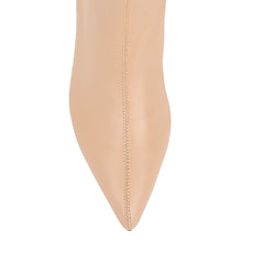 Womens beige ankle sock boot with stiletto heel and pointed toe
