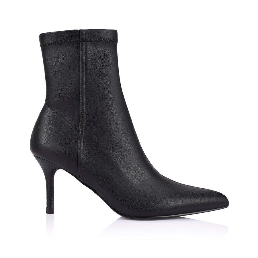 Womens black ankle sock boot with stiletto heel and pointed toe