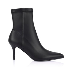 Womens black ankle sock boot with stiletto heel and pointed toe