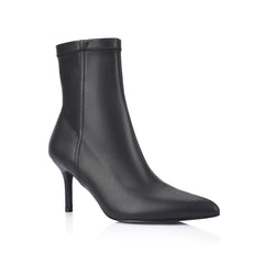 Womens black ankle sock boot with stiletto heel and pointed toe