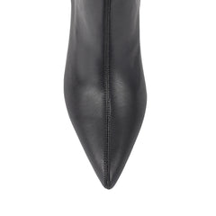 Womens black ankle sock boot with stiletto heel and pointed toe