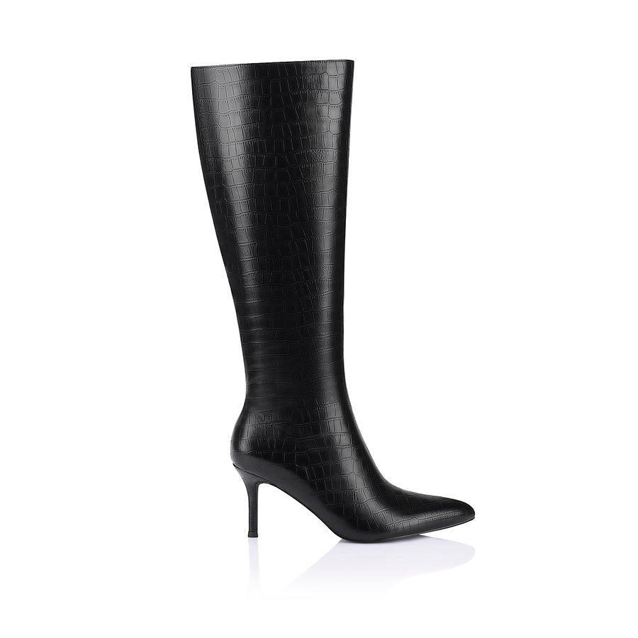 Women's black croc knee high stiletto boot with pointed toe