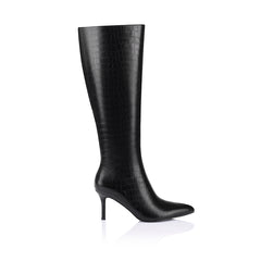 Women's black croc knee high stiletto boot with pointed toe