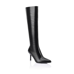 Women's black croc knee high stiletto boot with pointed toe