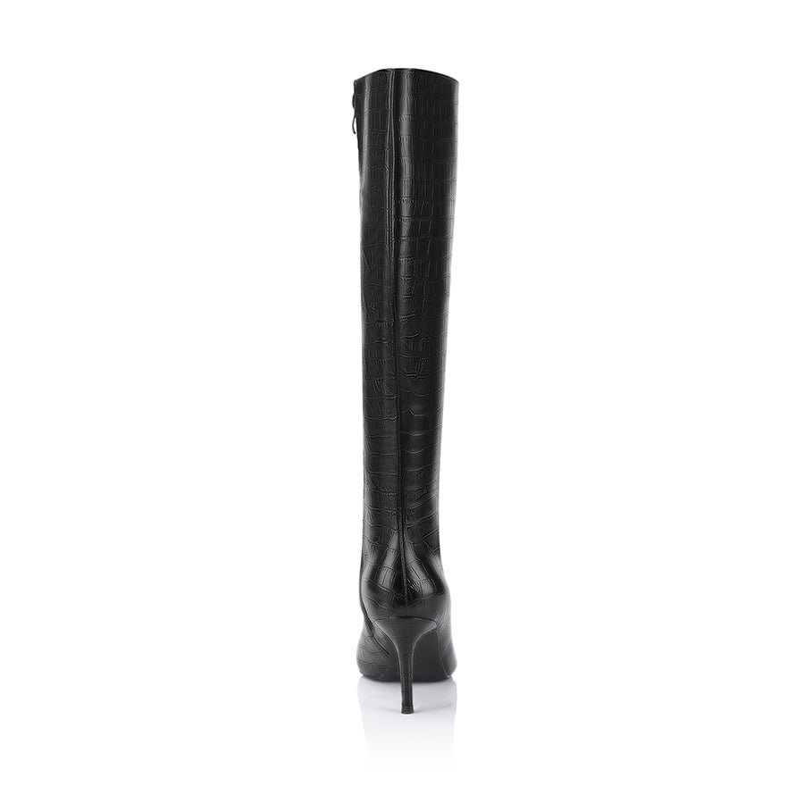 Women's black croc knee high stiletto boot with pointed toe