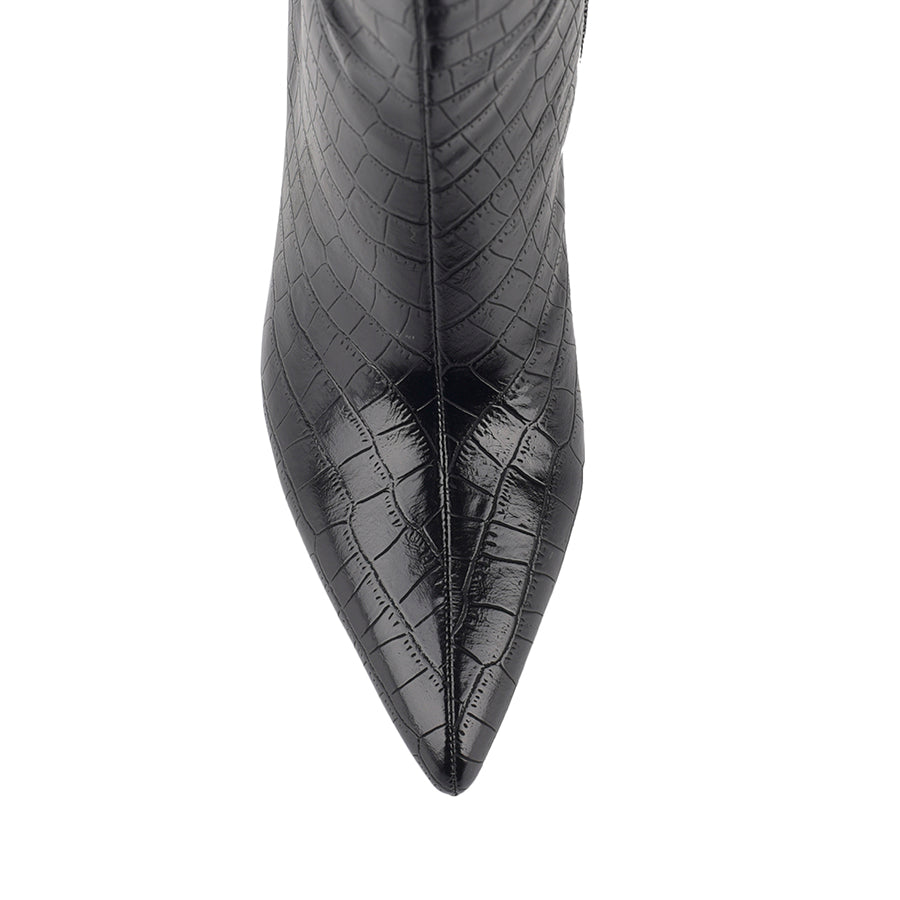 Women's black croc knee high stiletto boot with pointed toe