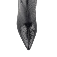 Women's black croc knee high stiletto boot with pointed toe