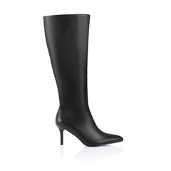 Women's black smooth knee high stiletto boot with pointed toe