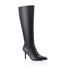 Women's black smooth knee high stiletto boot with pointed toe
