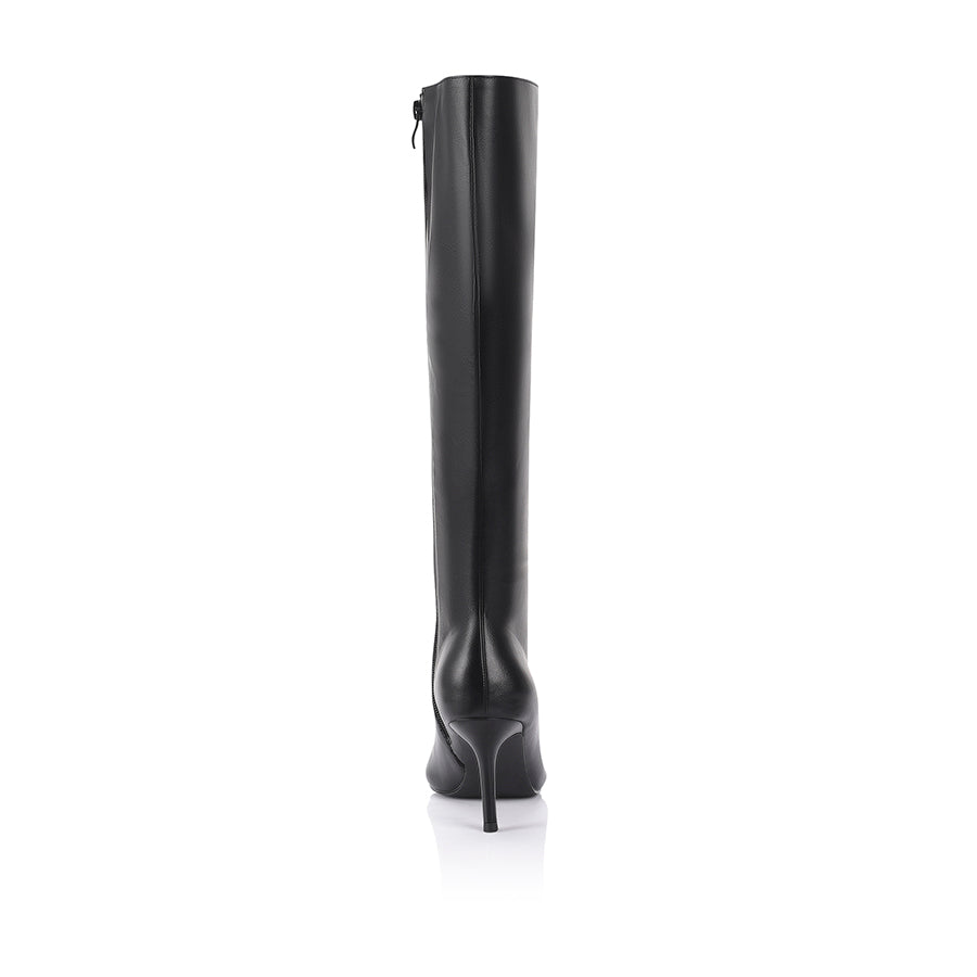 Women's black smooth knee high stiletto boot with pointed toe