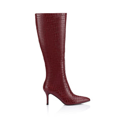 Women's red wine croc knee high stiletto boot with pointed toe