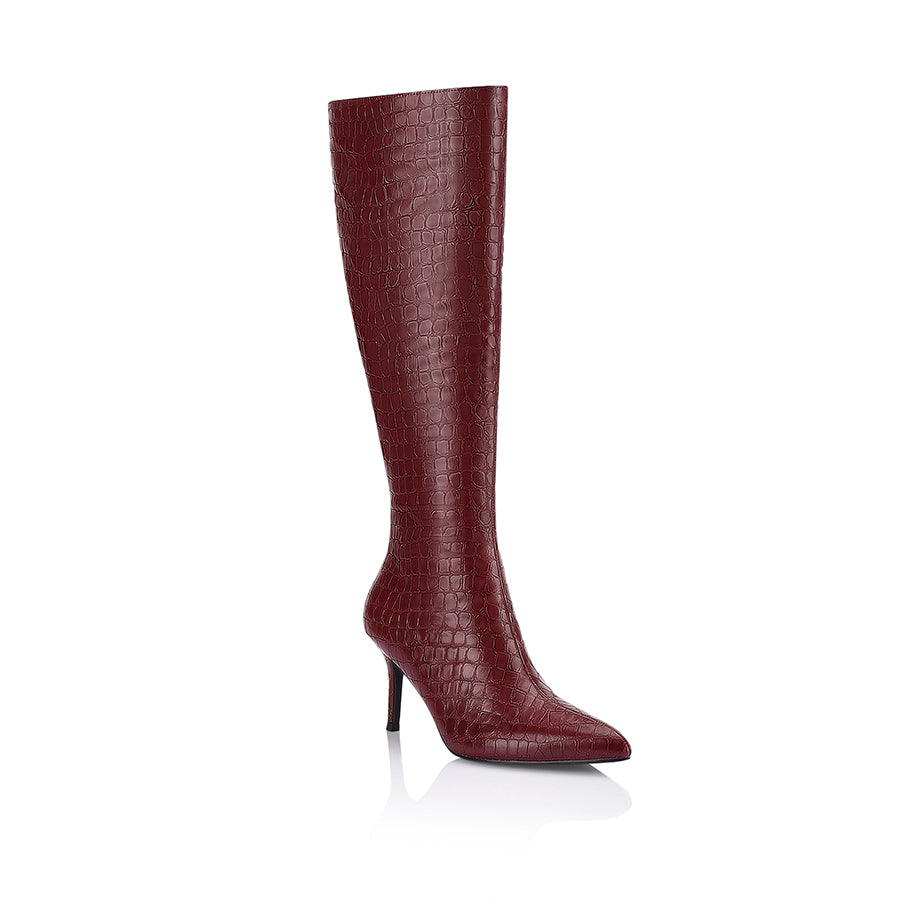 Women's red wine croc knee high stiletto boot with pointed toe