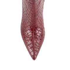 Women's red wine croc knee high stiletto boot with pointed toe