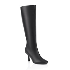 Women's Black Smooth Vegan Pointed Toe Tall Heeled Boots