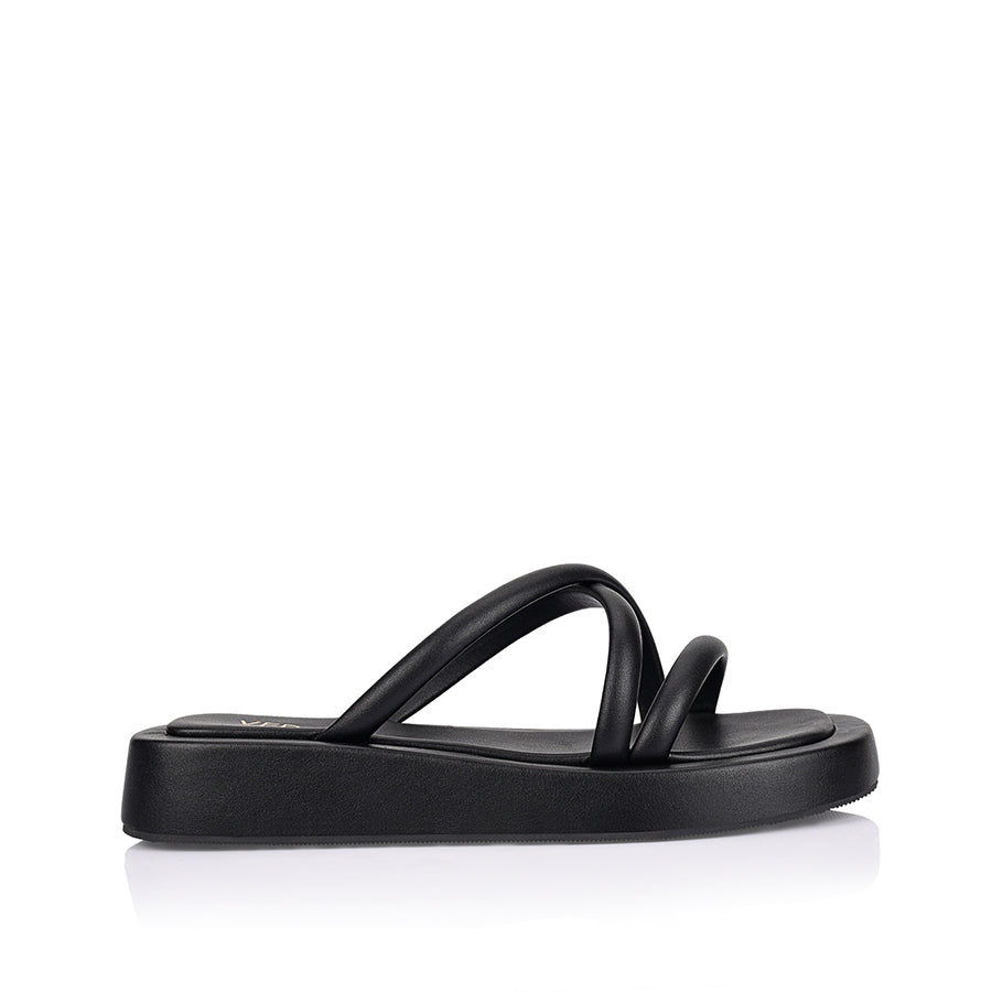 Women's black strappy platform slide