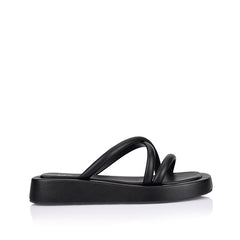 Women's black strappy platform slide