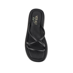 Women's black strappy platform slide
