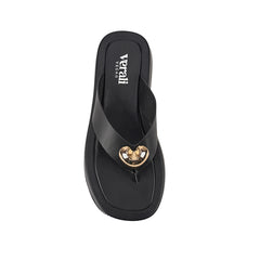 Women's black vegan platform thong with gold heart embellishment 