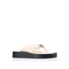 Women's black and bone white platform thong with gold heart embellishment 