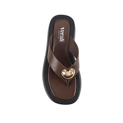 Women's black and chocolate brown platform thong with gold heart embellishment 