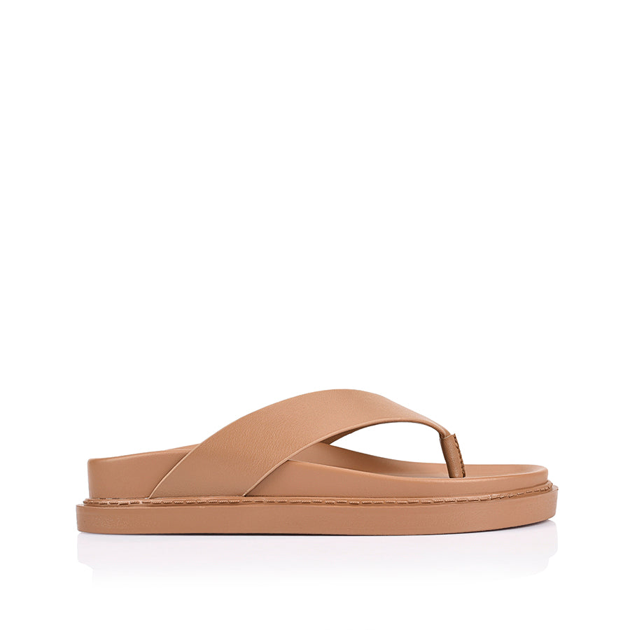 Women's dark camel tan footbed platform thongs