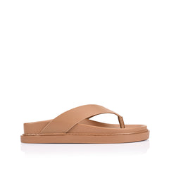 Women's dark camel tan footbed platform thongs