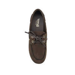 Microfibre boat shoe with a rounded toe shape and lace up detailing