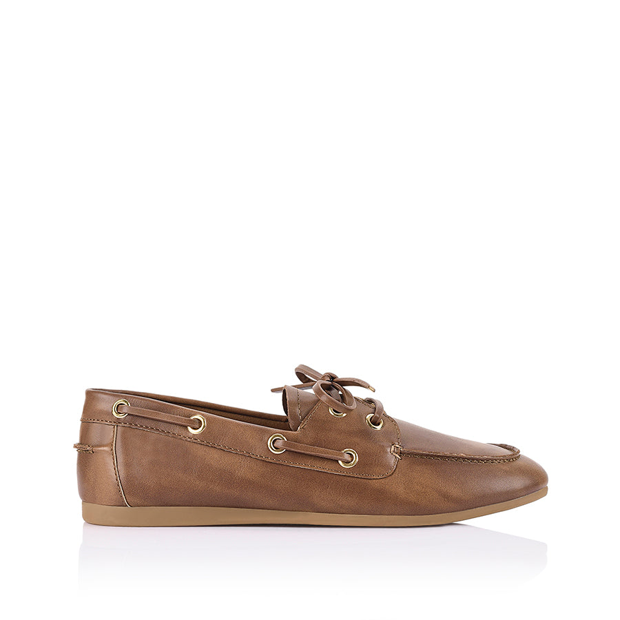Distressed vegan leather boat shoe with lace detailing