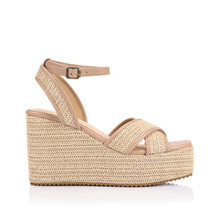 Women's beige and raffia wedge with ankle strap