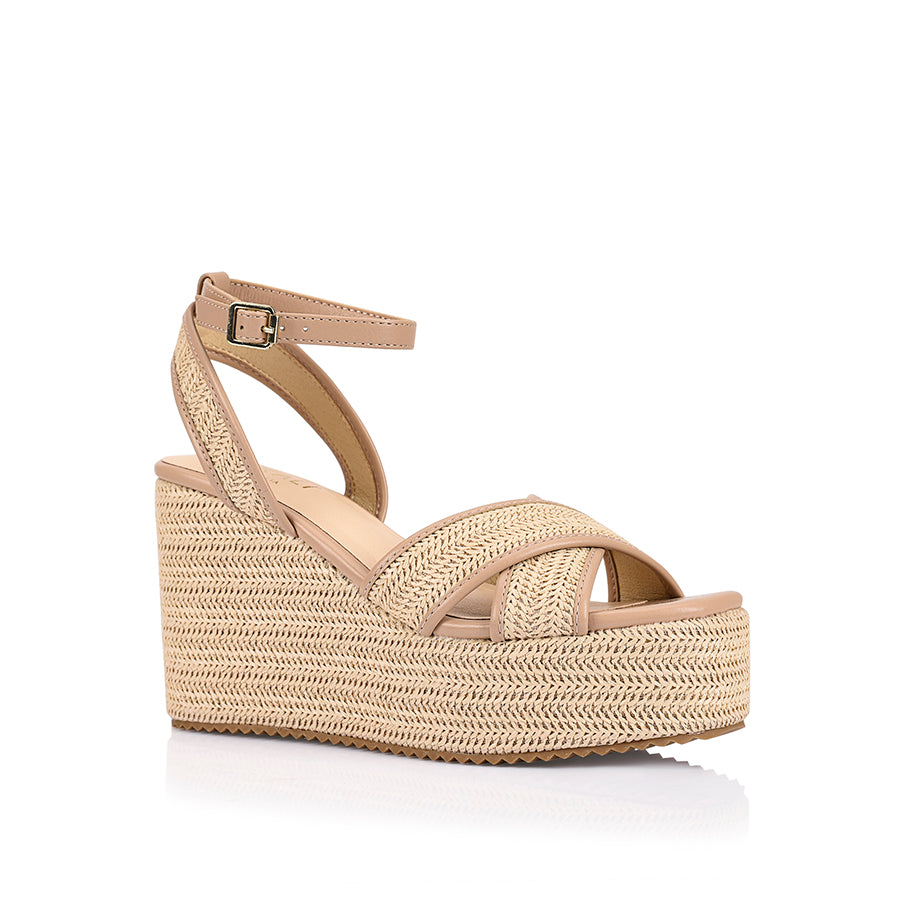 Women's beige and raffia wedge with ankle strap