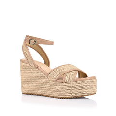 Women's beige and raffia wedge with ankle strap
