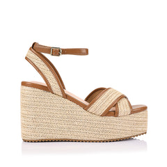 Women's tan and raffia rope espadrille wedge