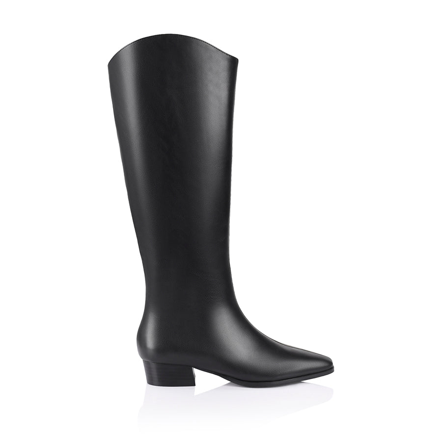 Women's vegan knee high boot with curved shaft, block heel and square pointed toe