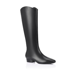 Women's vegan knee high boot with curved shaft, block heel and square pointed toe