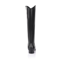 Women's vegan knee high boot with curved shaft, block heel and square pointed toe