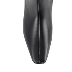Women's vegan knee high boot with curved shaft, block heel and square pointed toe
