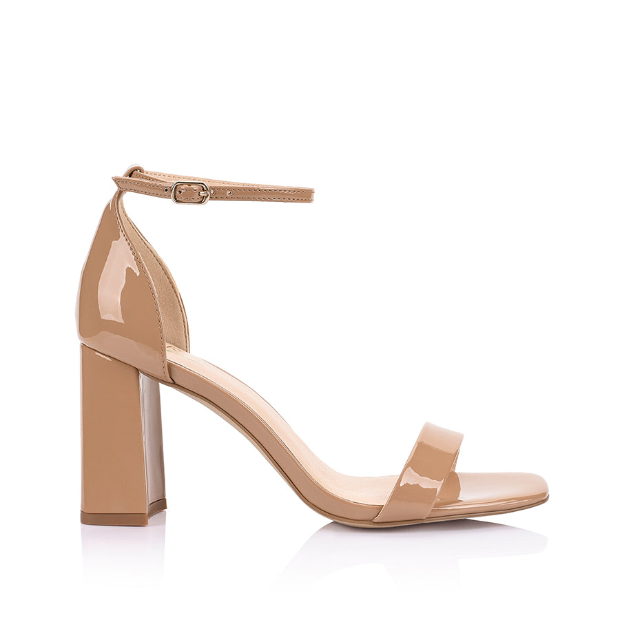 Carly Dark Camel Patent Block Heels