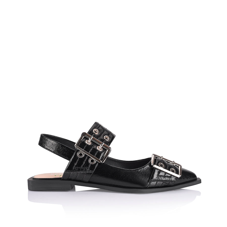Women's black crinkle vegan buckle flats
