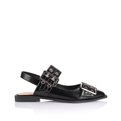 Women's black crinkle vegan buckle flats