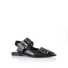 Women's black crinkle vegan buckle flats