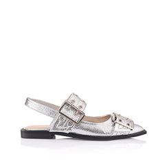 Women's silver crinkle vegan buckle ballet flats with elasticated slingback