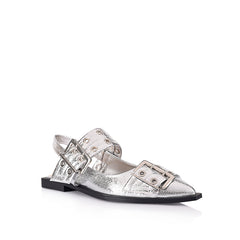 Women's silver crinkle vegan buckle ballet flats with elasticated slingback