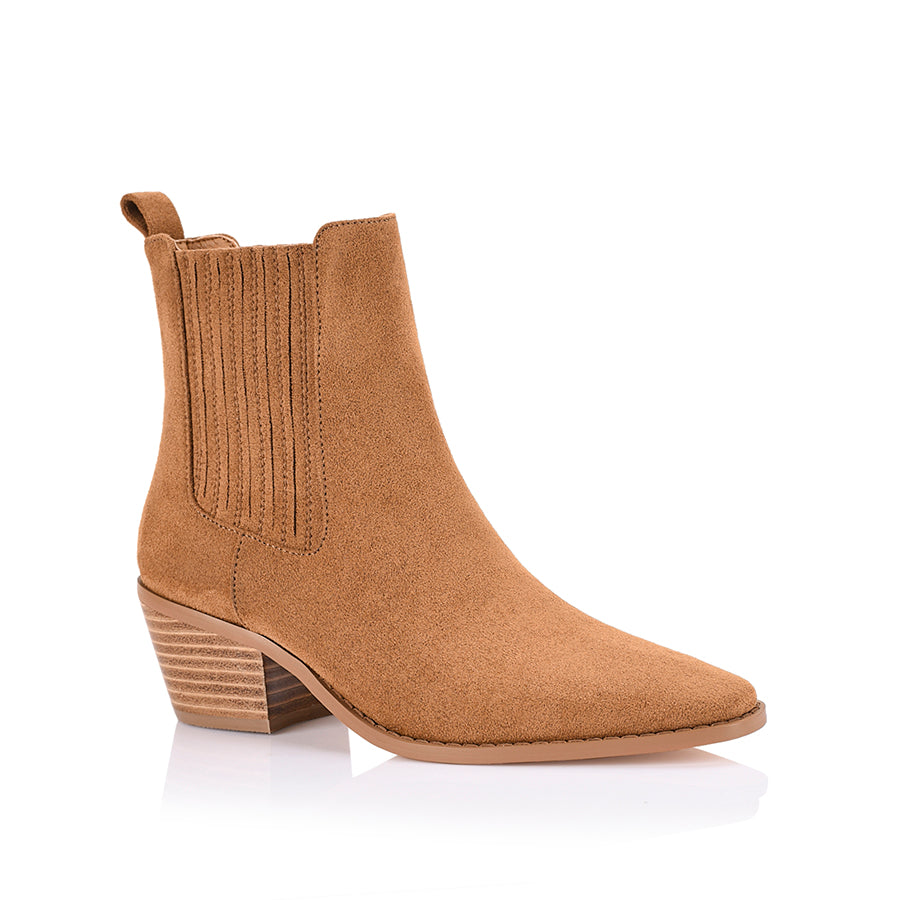 Women's tan microsuede heeled ankle boot with pointed toe, stacked heel, and elasticated gusset