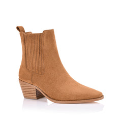 Women's tan microsuede heeled ankle boot with pointed toe, stacked heel, and elasticated gusset