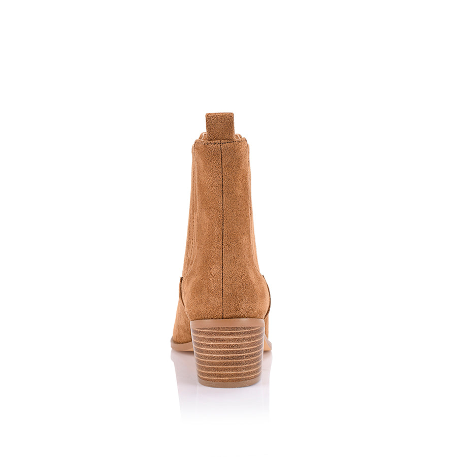 Women's tan microsuede heeled ankle boot with pointed toe, stacked heel, and elasticated gusset