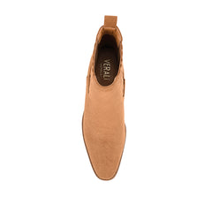 Women's tan microsuede heeled ankle boot with pointed toe, stacked heel, and elasticated gusset